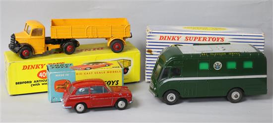 Two Dinky toys - Bedford Articulated Lorry 409, BBC Control Room 967 and Corgi Austin A40 216, all boxed